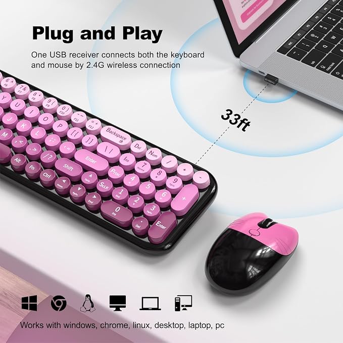 MOFII Wireless Keyboard and Mouse Combo, Compact Typewriter Retro Round Computer Keyboard and Mouse Set, Plug and Play, for Windows, Computer, Desktop, PC, Notebook - (Black Pink Gradient)