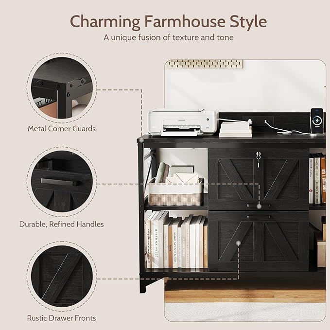 44" File Cabinet, Lateral Filing Cabinet for Home Office with 2 Drawers, Office Storage Cabinet with Lock and Key, Wooden Printer Stand with 4 Storage Shelves and Power Outlet, Office Furniture, Black