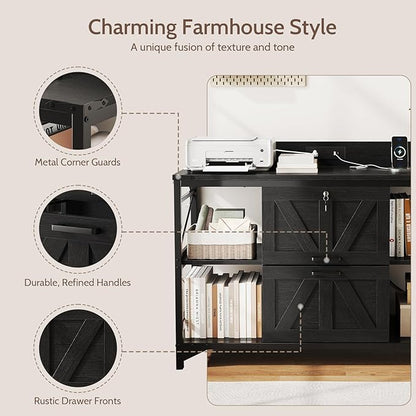 44" File Cabinet, Lateral Filing Cabinet for Home Office with 2 Drawers, Office Storage Cabinet with Lock and Key, Wooden Printer Stand with 4 Storage Shelves and Power Outlet, Office Furniture, Black