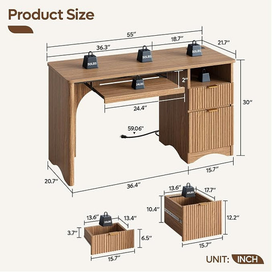 Bestier Computer Desk with Drawer, 55 inch Office Desk with Power Outlet, Modern Home Office Desk with Keyboard Tray (55" W with Single-Sided Drawers)