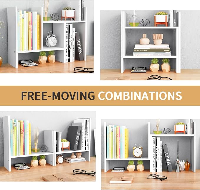 CITLOW Desktop Shelf Organizer - Adjustable Wood Desktop Bookshelf, Table Top Shelves, Desk Book Organizer for Office Supplies and Home Décor (White)
