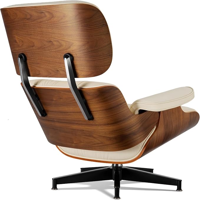 Mid Century Lounge Chair with Ottoman,Top Ivory Grain Leather Accent Chair,Chaise Lounge Chair Indoor,Modern Chair Classic Design,Heavy Duty Base Support for Living Room Office Palisander Ivory