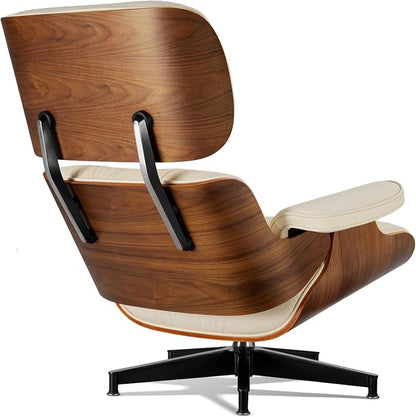 Mid Century Lounge Chair with Ottoman,Top Ivory Grain Leather Accent Chair,Chaise Lounge Chair Indoor,Modern Chair Classic Design,Heavy Duty Base Support for Living Room Office Palisander Ivory