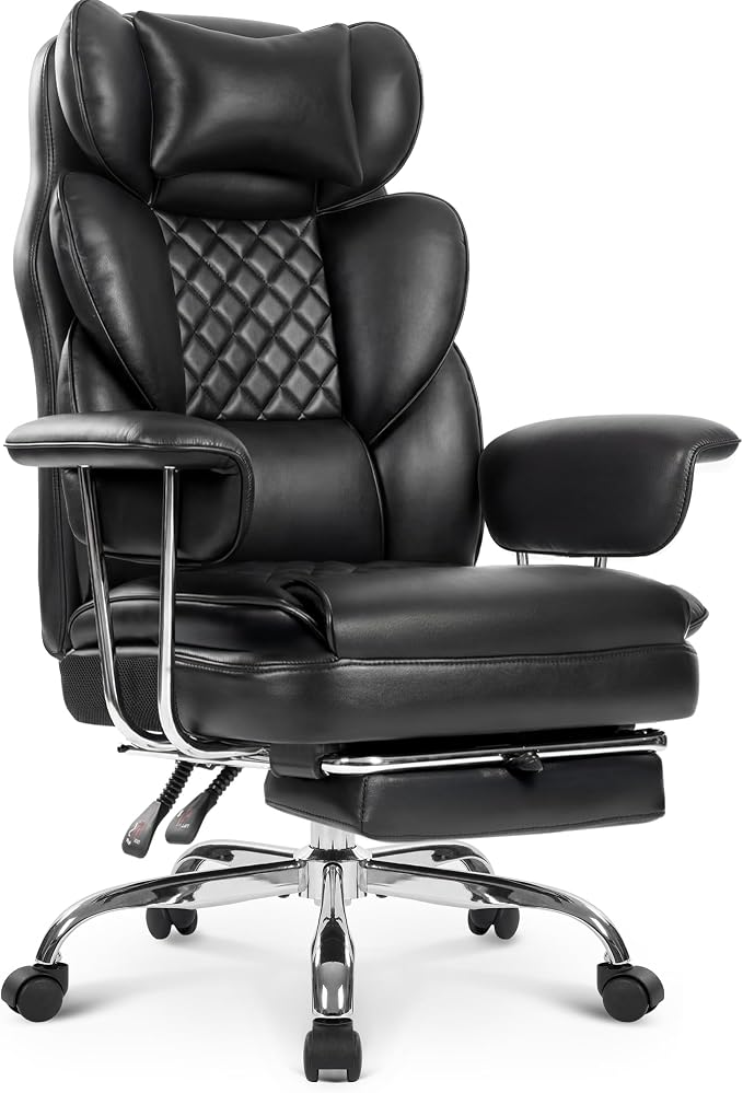 NEO CHAIR Big and Tall Office Chair Gaming Computer Chair High Back Heavy Duty Desk Chai with Lumbar Support Adjustable Recliner Footrest Wide Seat Leather Executive Home with Wheels (Leather Black)