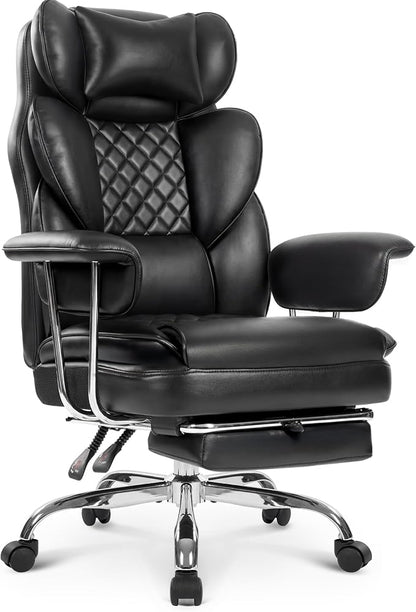 NEO CHAIR Big and Tall Office Chair Gaming Computer Chair High Back Heavy Duty Desk Chai with Lumbar Support Adjustable Recliner Footrest Wide Seat Leather Executive Home with Wheels (Leather Black)