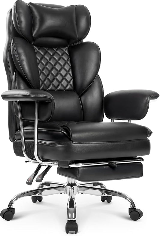 NEO CHAIR Big and Tall Office Chair Gaming Computer Chair High Back Heavy Duty Desk Chai with Lumbar Support Adjustable Recliner Footrest Wide Seat Leather Executive Home with Wheels (Leather Black)