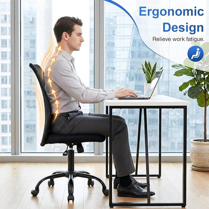 FDW Home Office Chair Mid Back Mesh Desk Chair Armless Computer Ergonomic Task Rolling Swivel Chair Back Support Adjustable Modern with Lumbar Support,Dark Black