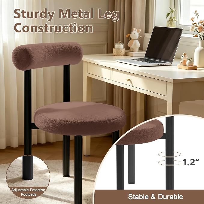 Cute Small Armless Desk Chair, Ergonomic Comfy Vanity Chairs Lumbar Support with Back for Makeup, Teddy Fabric Computer Desk Chair for Home, Bedroom, Vanity, Teens, Adults