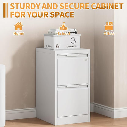 2-Drawer Metal File Cabinet with 1 Lockable Drawer,Steel Printer Stand with Storage for Home Office,Vertical Filing Cabinet for Legal/Letter/A4 Files,Assembly Required(15''W-2 Drawers,White)