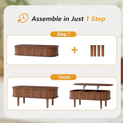Fully Assembled Fluted Lift Top Coffee Table with Hidden Compartment, Wooden Center Table, Modern Oval Lift Tabletop for Home Living Room Office, Walnut
