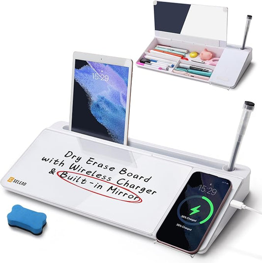 SELEAD Desktop Glass Whiteboard with Wireless Charger & Built-in Mirror, Dry Erase Board Computer Pad Keyboard Stand with Organizer for Home, School, Office Desk Accessories, White