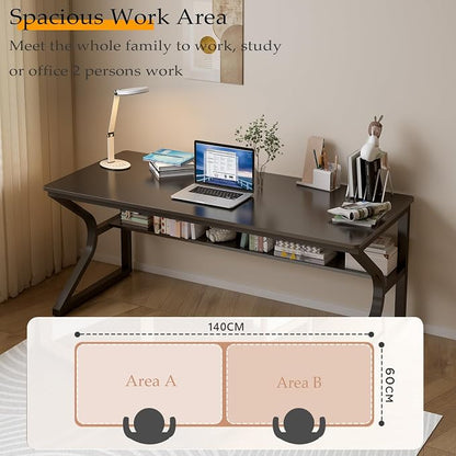 OSCHF Extra Long Desk with Bookshelf - 55" Double Long Writing Table for 2-Person Workstation, Modern Study Work Computer Desk for Home and Office, Black