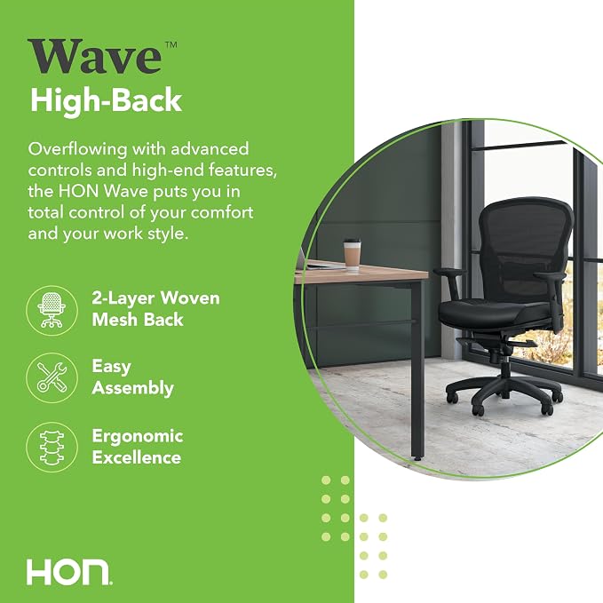 HON Wave High Back Ergonomic Office Chair with Leather Seat and Breathable Mesh Back, Adjustable Arms, Synchro‑Tilt Recline and Swivel Wheels for Desk and Computer Use, Black