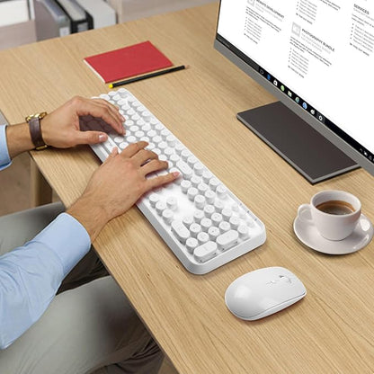 Wireless Keyboard and Mouse | Cute Colorful Keyboard and Mouse with 2.4GHz Cordless Retro Typewriter Keyboard | Auto-Sleep | USB Receiver for Windows PC/Laptop - White