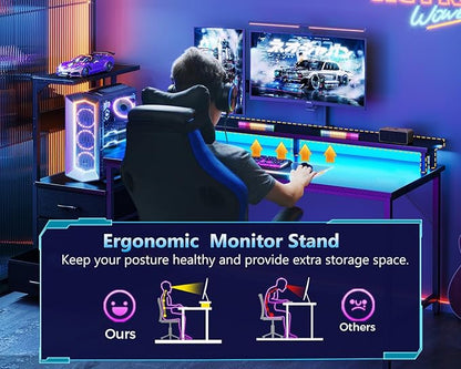 AODK 59 Inch Gaming Desk with LED Light- Reversible Computer Desk with Storage Shelves & Monitor Stand, Fabric Drawers Fits Compact PC Towers, Black