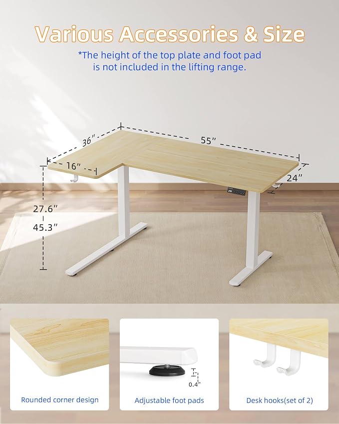 YIHAYO Reversiable L-Shaped Electric Standing Desk, 55 Inches Stand Up Corner Desk, Sit and Stand Up for Work Office Home, Ergonomic Rising Computer Table with Splice Board, Natural