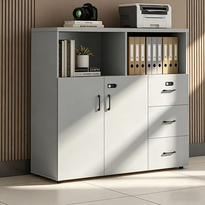 File Cabinet with Password Lock, Wood Lateral Filing Cabinet for Letter/A4 Files, 3 Drawer with Door, Printer Stand with Open Shelves for Home Office