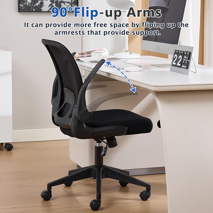 IPKIG Foldable Office Chair for Small Spaces | Home Office Folding Desk Chairs with Wheels and Flip Up Arms | Ergonomic Mesh Computer Chair for Adults & Kids Black