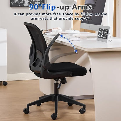 IPKIG Foldable Office Chair for Small Spaces | Home Office Folding Desk Chairs with Wheels and Flip Up Arms | Ergonomic Mesh Computer Chair for Adults & Kids Black