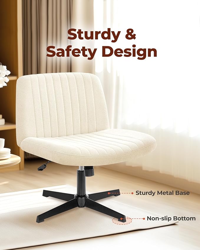 NEO Chair Criss Cross Chair No Wheels, Armless Cross Legged Office Desk Chair, Vanity Makeup Fabric Computer Comfy Adjustable Swivel Ergonomic Living Bedroom for Home Office (Fabric Beige)