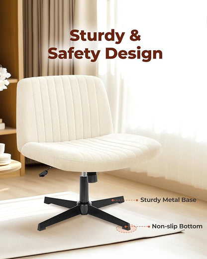 NEO Chair Criss Cross Chair No Wheels, Armless Cross Legged Office Desk Chair, Vanity Makeup Fabric Computer Comfy Adjustable Swivel Ergonomic Living Bedroom for Home Office (Fabric Beige)