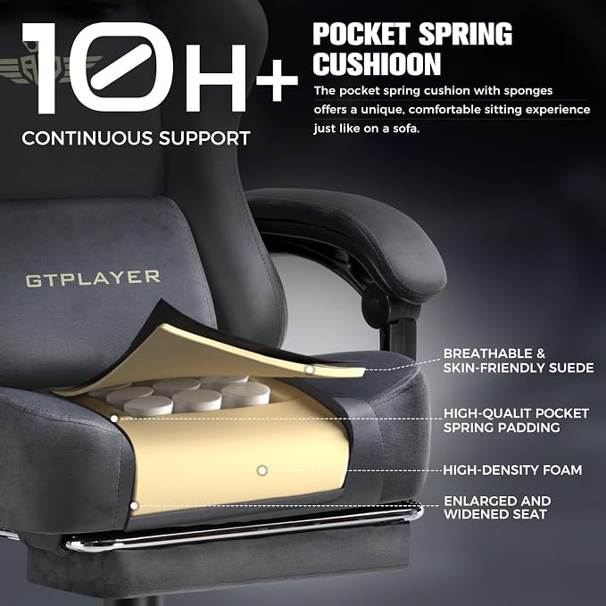 GTPLAYER Big and Tall Gaming Chair 400lbs Heavy Duty Office Chair with Foot Rest, High Back Pocket Spring Ergonomic Computer Chair for Adults, Wide Comfy Seated Cushion with Linkage Armrests, Grey
