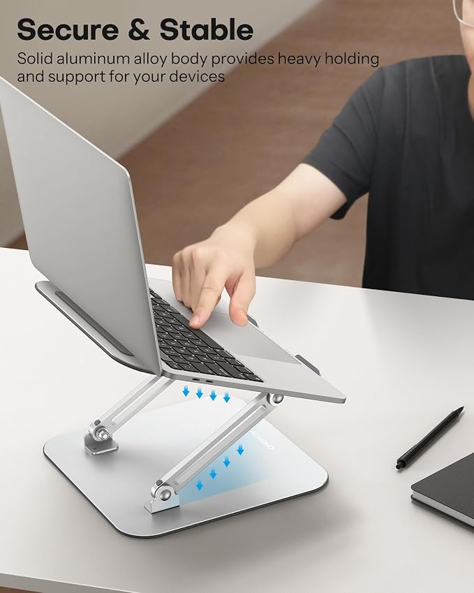 OMOTON Laptop Stand, Adjustable Metal Foldable Riser 10-17.2", Silver | Ergonomic Cooling Laptop Holder, Height Adjustable to 270mm for Sit-Stand, Portable Travel