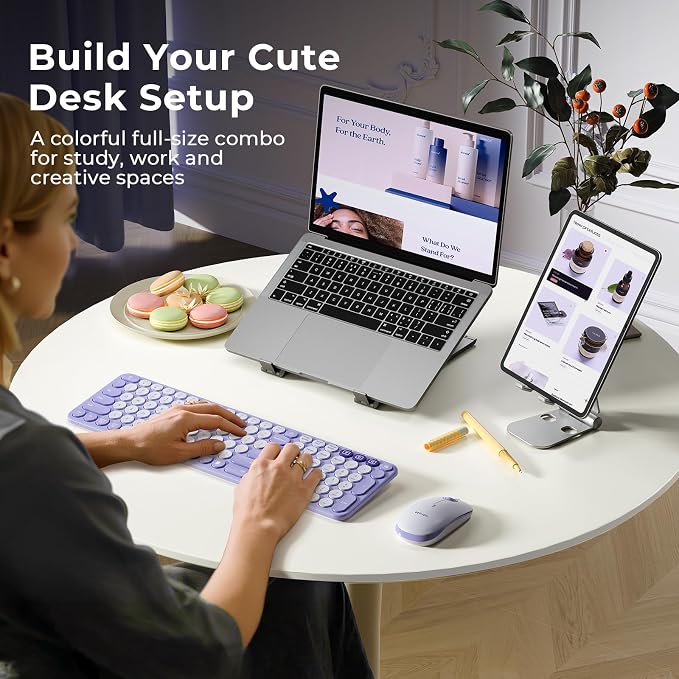 seenda COE202 Wireless Bluetooth Keyboard and Mouse Combo, Lilac Purple | USB & Dual Bluetooth for 3-Device Switching, Soft Quiet Round Keys, Silent Clicks, Full-Size for PC/Laptop/Mac/MacBook/iPad