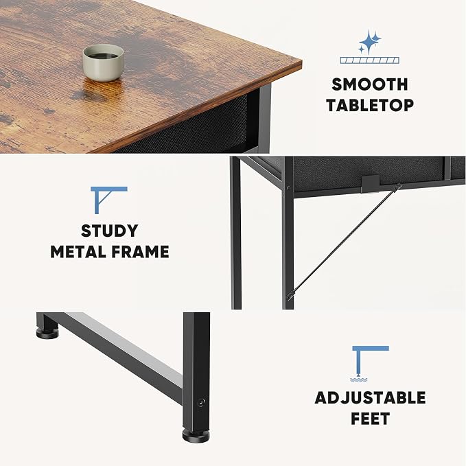 32" Small Gaming Desk with Drawers, Home Office Computer Writing Study Table with Storage Side Bag, Headphone Hook, and Adjustable Feet for Bedroom, Rustic Brown