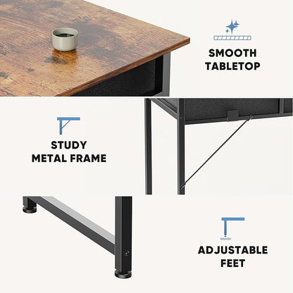 32" Small Gaming Desk with Drawers, Home Office Computer Writing Study Table with Storage Side Bag, Headphone Hook, and Adjustable Feet for Bedroom, Rustic Brown