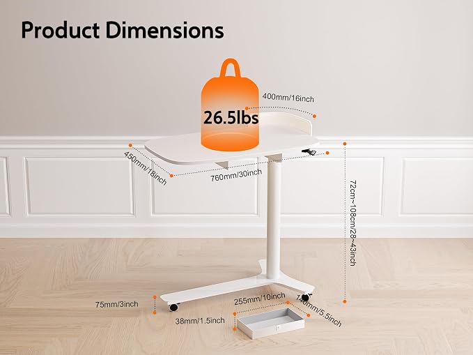 WALKINGDESK Rolling Desk Adjustable Height with Drawer and Wheels, Portable Small Standing Desk Pneumatic for Home Office, Mobile Computer Laptop Cart, Medical Sofa Overbed Table, White