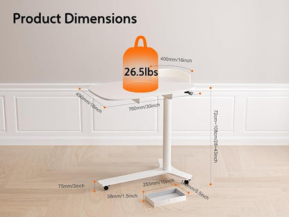 WALKINGDESK Rolling Desk Adjustable Height with Drawer and Wheels, Portable Small Standing Desk Pneumatic for Home Office, Mobile Computer Laptop Cart, Medical Sofa Overbed Table, White