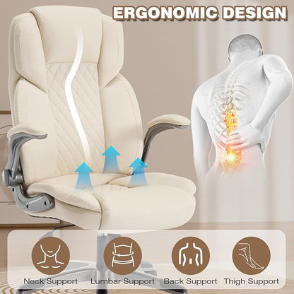 Office Chair with Flip up Arms, Ergonomic PU Leather Executive Office Chairs with Wheels, 90-120° Rocking Office Desk Chair with Lumbar Support, High Back Swivel Home Computer Chairs,Beige