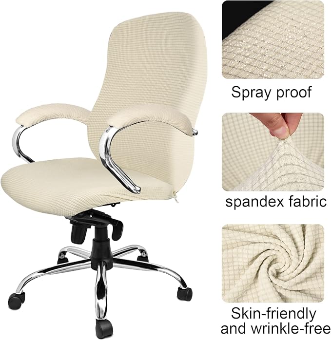 Tatuo 3 Pcs Computer Office Chair Cover Universal Rotating Chair Slipcovers Protector Removable Washable Office Armrest Covers with Zipper for High Back Seat Backrest(L,Waffle,Faint Yellow)