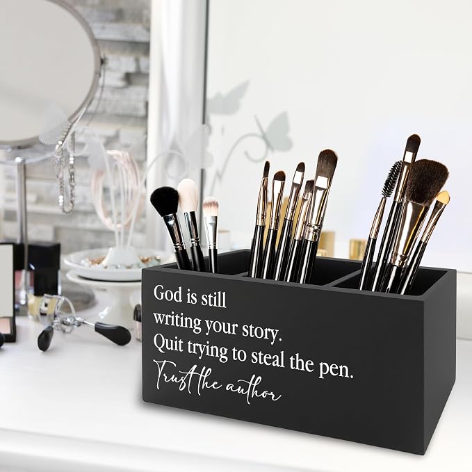 Christian Inspirational Pen Pencil Holder Organizer for Desk, God Is Still Writing Your Story Bible Verse Religious Black Wooden Box Sign for Office Home Desk Tabletop Decorations