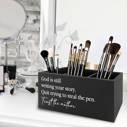 Christian Inspirational Pen Pencil Holder Organizer for Desk, God Is Still Writing Your Story Bible Verse Religious Black Wooden Box Sign for Office Home Desk Tabletop Decorations