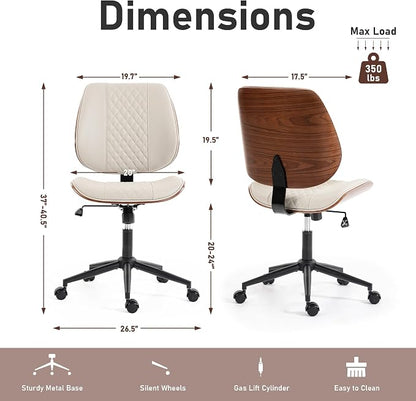 DYHOME Modern Walnut Home Office Chair with Wheels, Executive Office Desk Chair No Arms, Adjustable Height Small Desk Chair, Comfy PU, Deeper Cushion, Mid Back 360 Swivel Computer Chair, Beige