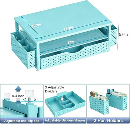 Spacrea Desk Organizer and Accessories, Computer Monitor Stand Riser with Drawer and 2 Pen Holders, Office Desk Accessories & Workspace Organizers for Office Supplies (Blue)