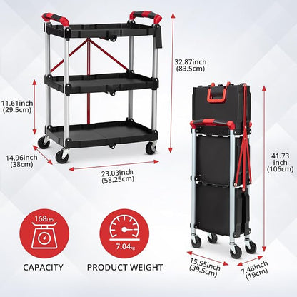 Garvee Collapsible Cart with Wheels, Service Cart, Rolling Carts with Wheels Foldable, 3 Tier Rolling Utility Cart, Folding Utility Shopping Cart for Bar, Kitchen, Office, Shopping, Garage