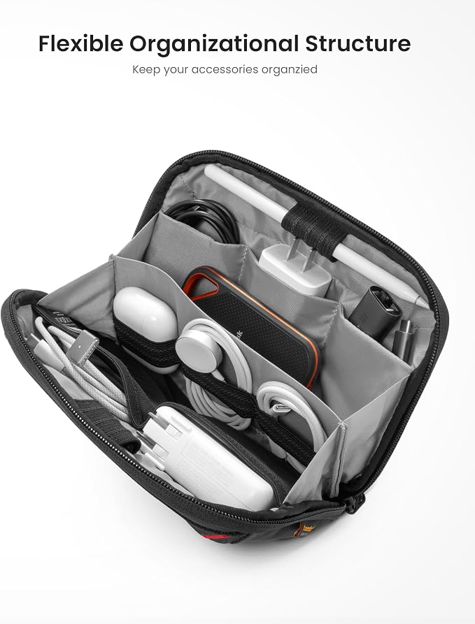 tomtoc Travel Cable Organizer Pouch, Electronics Accessories Organizer Portable Waterproof Double Accessories Carry Case for Cord, Charger, Cables, USB Drive, Black
