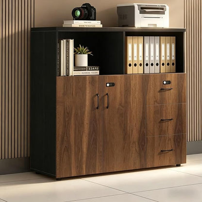 File Cabinet with Password Lock, Wood Lateral Filing Cabinet for Letter/A4 Files, 3 Drawer with Door, Printer Stand with Open Shelves for Home Office