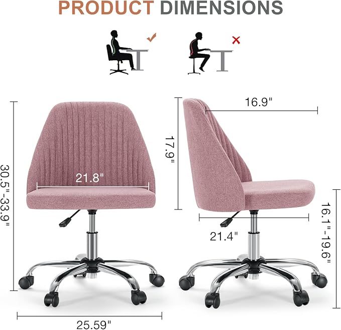 DUMOS Office Desk Chair, Modern Cute Rolling Vanity Swivel Task Seating with Wheels, Comfortable Back Seat Armless for Home, Bedrooms, Study, Student, Adults, Make-Up, Dressing Room Dusty Rose