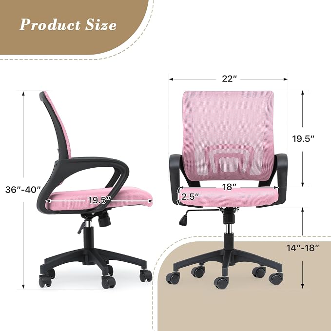 Office Chair Ergonomic - Mesh Desk Chair with Lumbar Support & Wide Seat (300Lbs Capacity) Adjustable Height, Swivel Wheels - for Home Office, Gaming, Bedroom