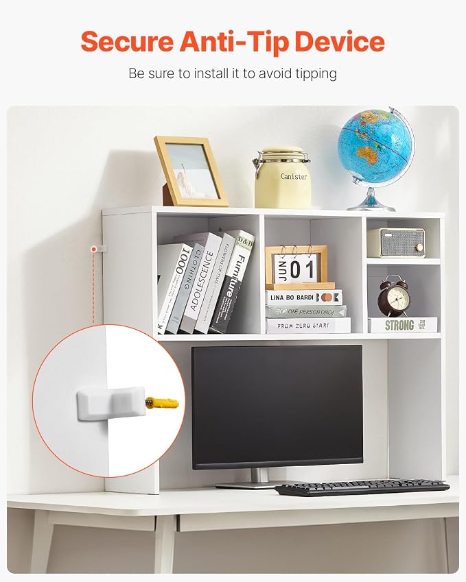 VEVOR Desktop Bookshelf, Storage Organizer with 5 Shelves for Computer Desk, Wooden Shelf Desk Hutch with Anti-Slip Feet Pads, Desk Top Display Rack for Office, Home & Dorm, White