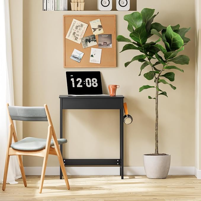 SoBuy Small Writing Desk with MDF Drawers, 24 inch Mini Desk with Side Hooks Suitable for Children Teenagers in Bedroom, Dorm, Living Room (Black, FWT43-SCH)