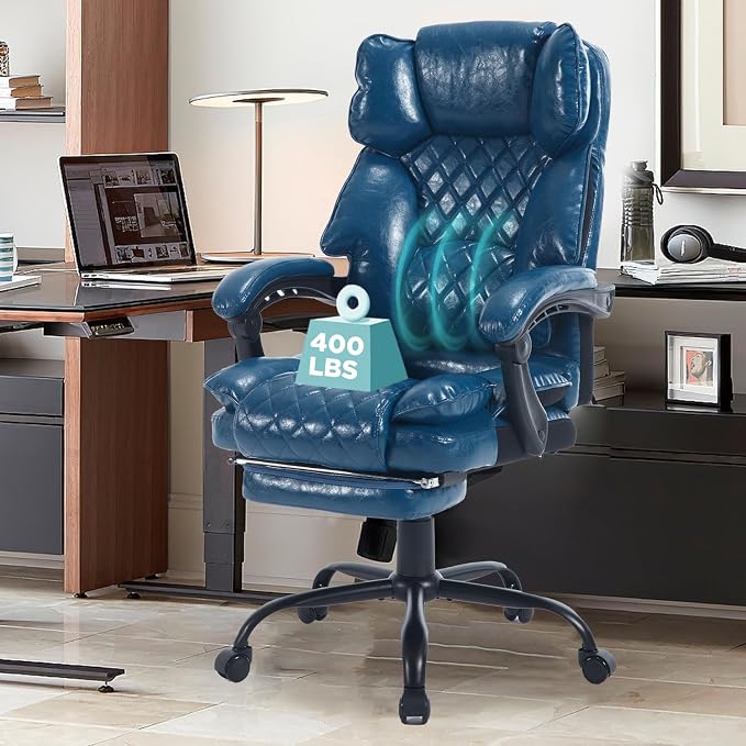 Big Tall Reclining Office Chair with Footrest, 400lbs Ergonomic Recliner Office Desk Chairs with Lumbar Support, Heavy Duty High Back Vintage Leather Executive Computer Chair with Wheels, Blue