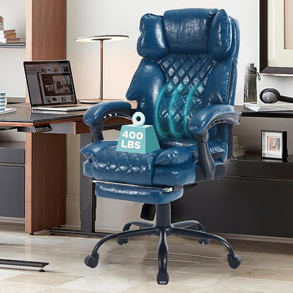 Big Tall Reclining Office Chair with Footrest, 400lbs Ergonomic Recliner Office Desk Chairs with Lumbar Support, Heavy Duty High Back Vintage Leather Executive Computer Chair with Wheels, Blue
