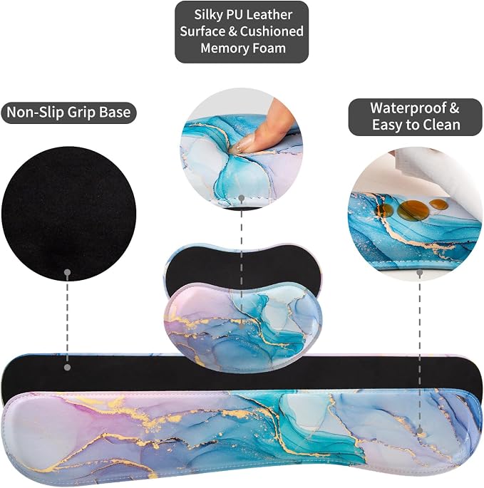 QIYI Leather Desk Mat Set, 4-in-1 Large Mouse Pad with Ergonomic Wrist Rest, Waterproof Desk Pad + Keyboard Wrist Rest +Mouse Wrist Support+Coaster, Non-Slip Office Gaming Accessories, Blue Pink Fluid
