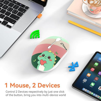 FMOUSE Cute Wireless Mouse, Bluetooth & 2.4GHz Dual Mode with USB Receiver, Silent Click, AA Battery Powered, for Kids Students Teen Girls, Compatible with Laptop Mac iPad PC (Cute Dino)