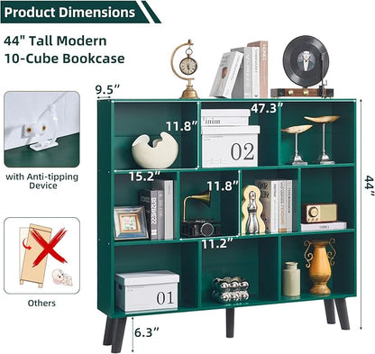 LEYAOYAO 10 Cube Bookshelf,3 Tier Modern Wide Bookcase with Legs,Mid-Century Wood Bookshelves Storage,Dark Green Large Book Case,Freestanding Organizer Display Shelf for Bedroom,Living Room,Office